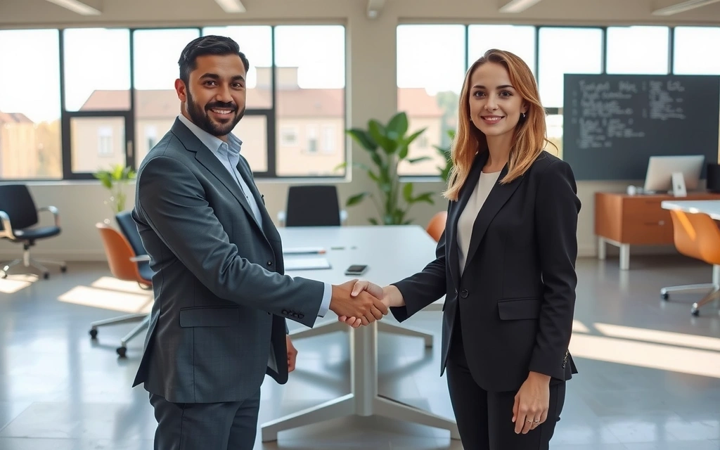 Two business professionals shaking hands in a bright, modern office, symbolizing partnership.