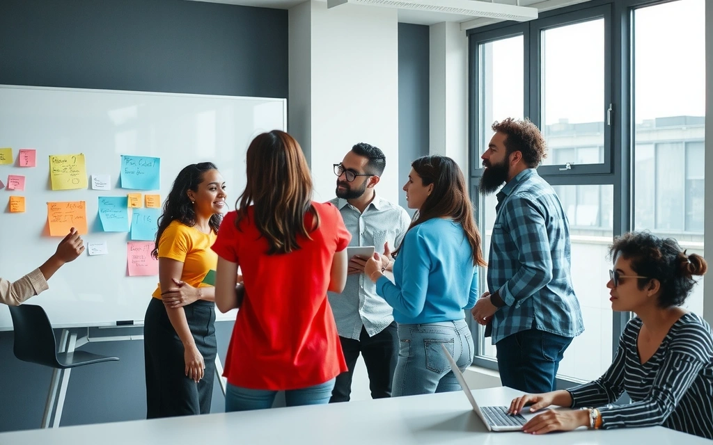 Team members brainstorming ideas with sticky notes