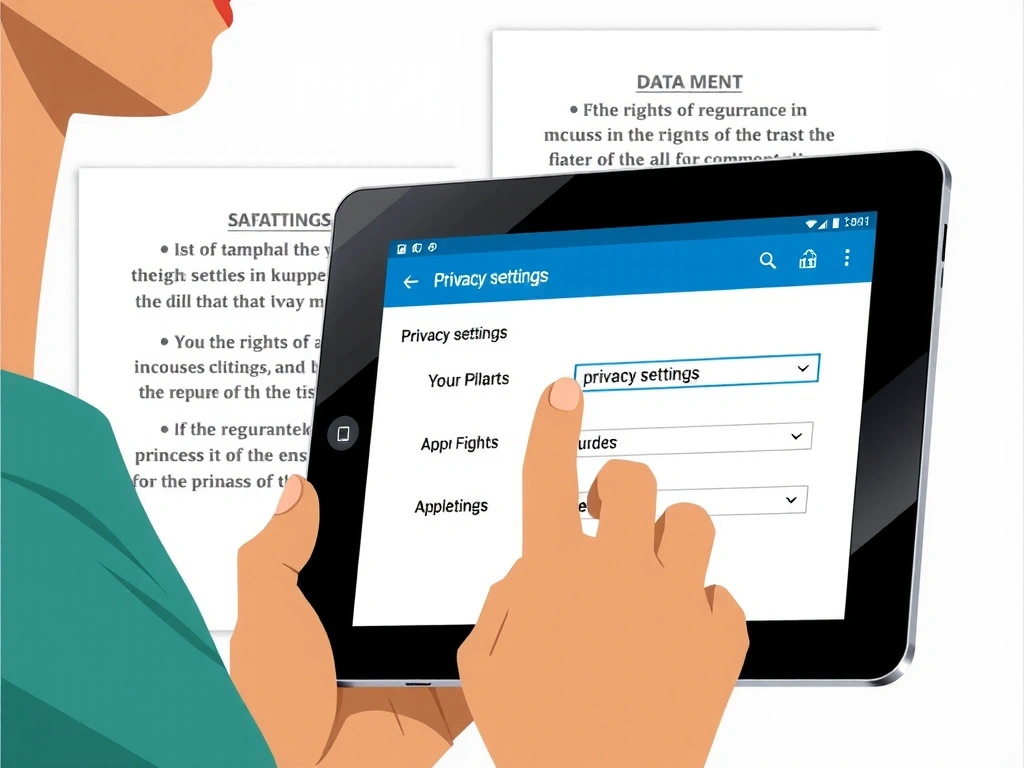 Illustration of legal documents and a person reviewing privacy settings on a tablet