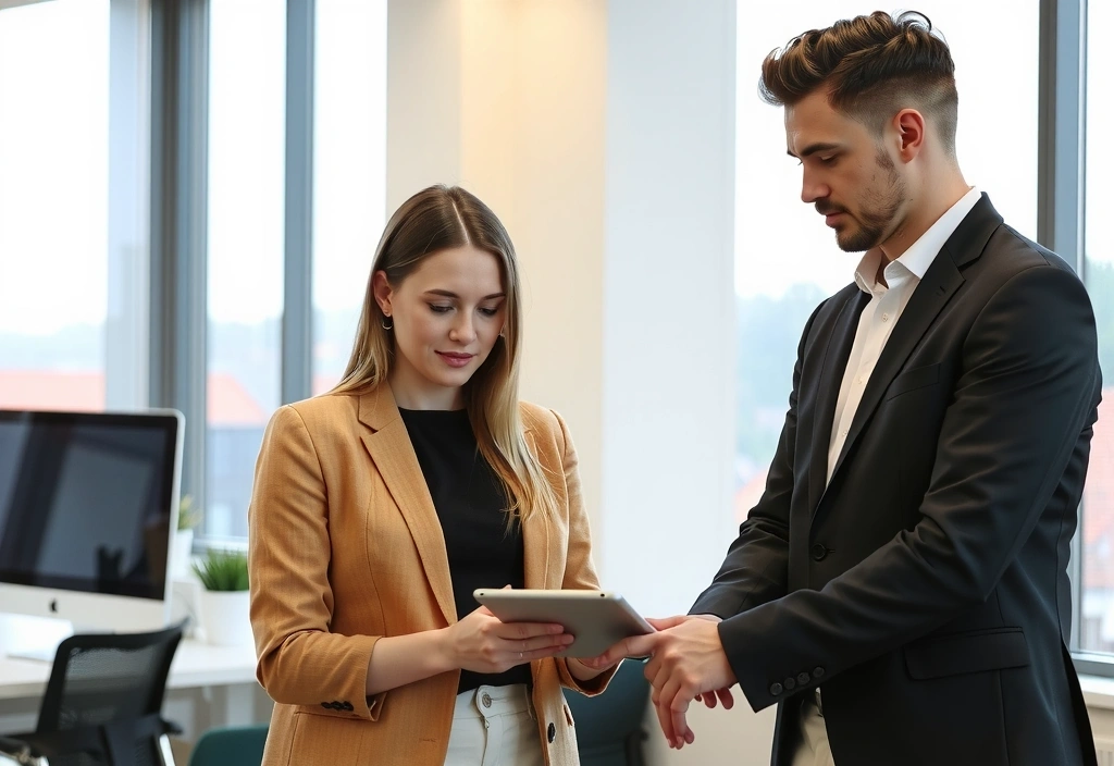 Business professionals discussing a project plan on a tablet