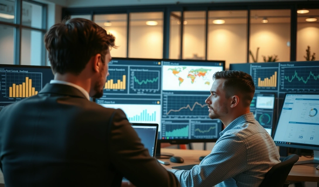 Business analyst reviewing marketing data and charts