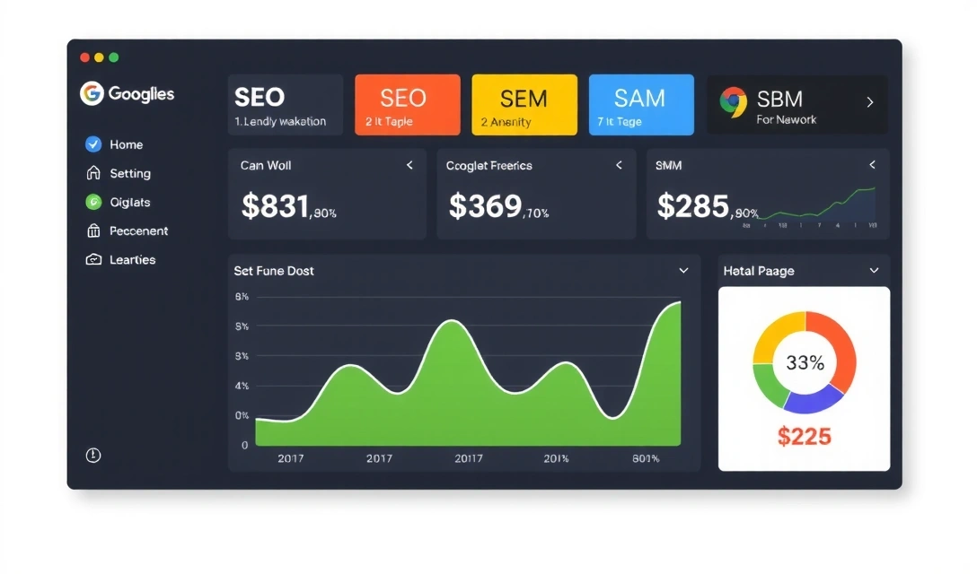 Digital marketing dashboard showing SEO, SEM, and SMM metrics