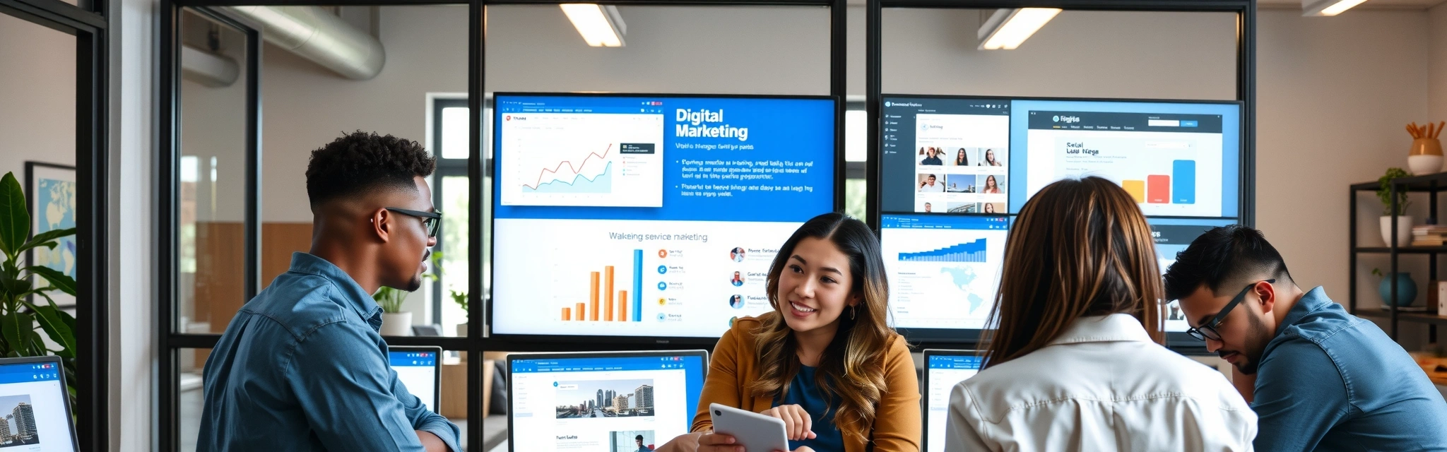 Diverse marketing professionals collaborating on various digital strategies